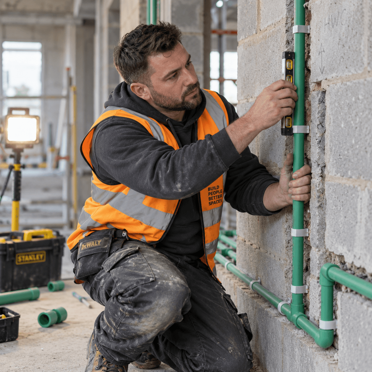 Plumber setting pipework into a wall chase during a fit-out