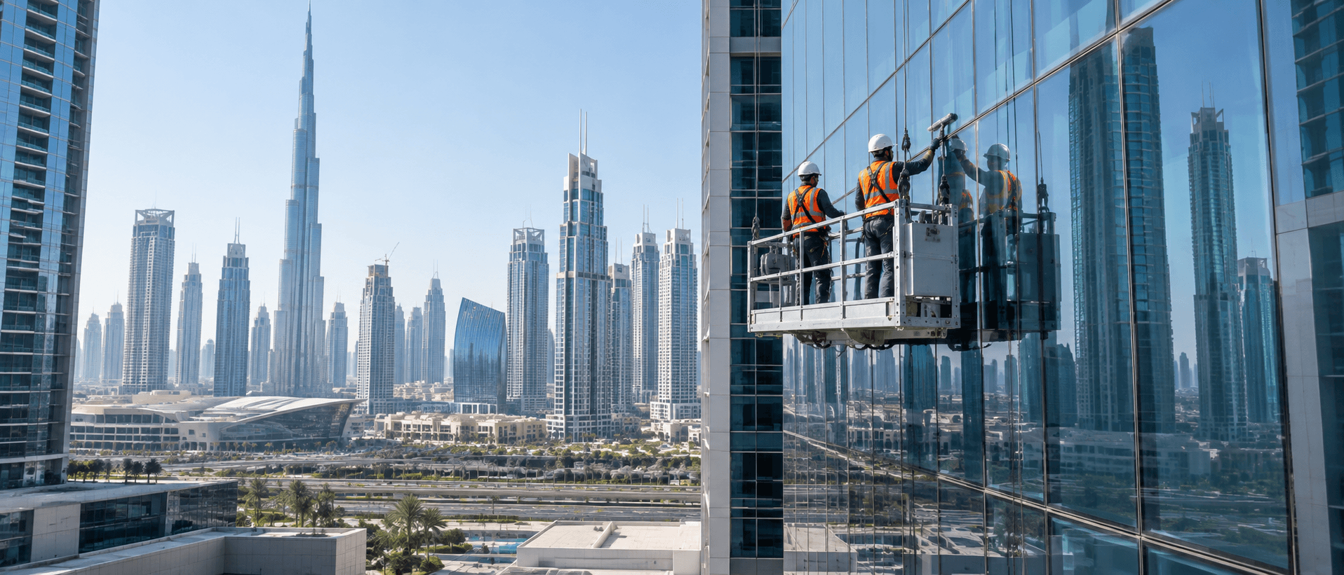 Modern commercial towers under maintenance in Dubai
