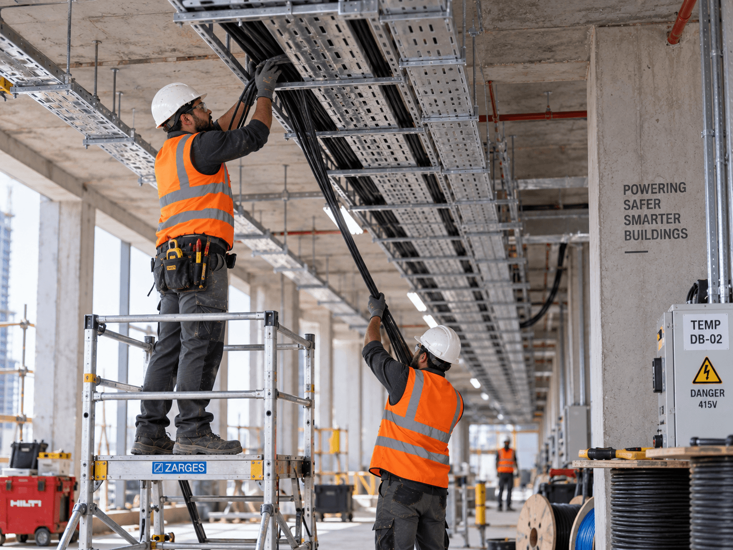 Electricians pulling cable through containment on an unfinished floor