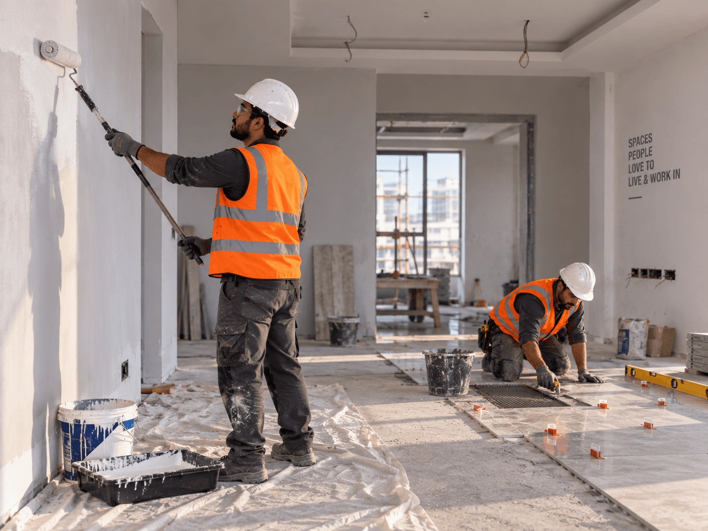 Painter and tile mason completing interior finishing works