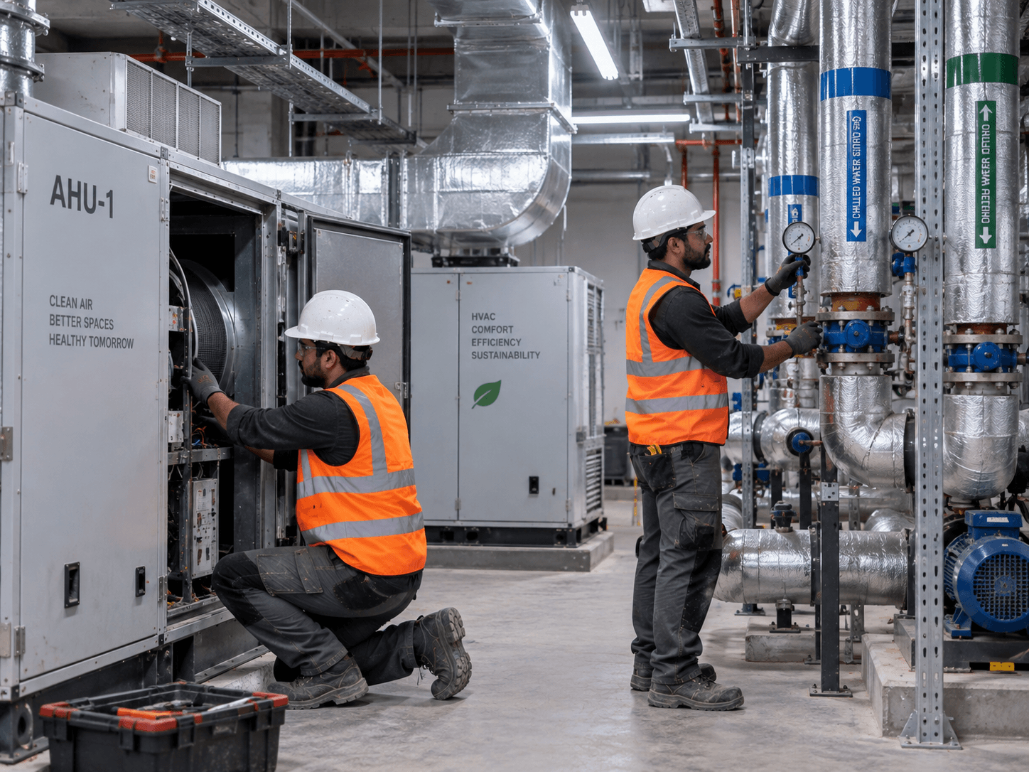 Technicians servicing an air handling unit in a building plant room