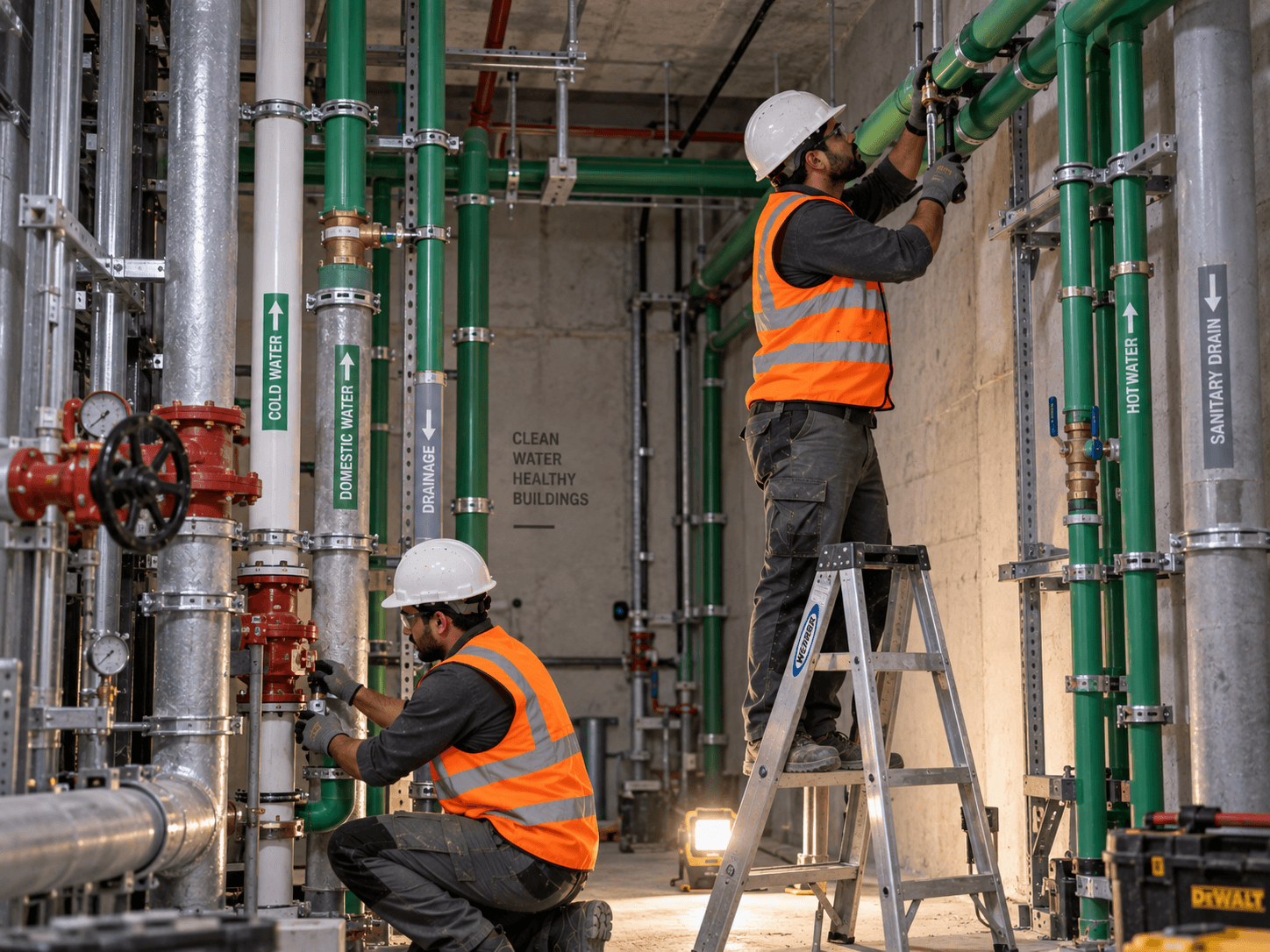 Plumber working on vertical pipework in a services riser